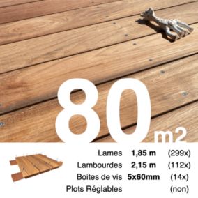 Kit terrasse bois exotique JATOBA pour 80 m², Lames 1,85 m, lambourdes 2,15 m et visserie Inox.