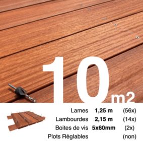 Kit terrasse bois exotique PADOUK pour 10 m², Lames 1,25 m, lambourdes 2,15 m et visserie Inox.