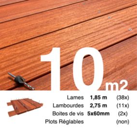 Kit terrasse bois exotique PADOUK pour 10 m², Lames 1,85 m, lambourdes 3,3 m et visserie Inox.