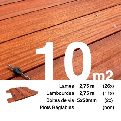 Kit terrasse bois exotique PADOUK pour 10 m², Lames 2,75 m, lambourdes 2,45 m et visserie Inox.
