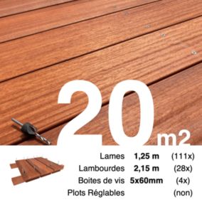 Kit terrasse bois exotique PADOUK pour 20 m², Lames 1,25 m, lambourdes 2,15 m et visserie Inox.