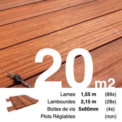 Kit terrasse bois exotique PADOUK pour 20 m², Lames 1,55 m, lambourdes 2,15 m et visserie Inox.