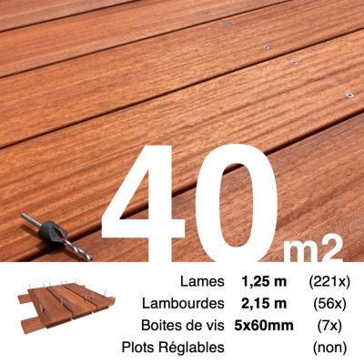 Kit terrasse bois exotique PADOUK pour 40 m², Lames 1,25 m, lambourdes 2,15 m et visserie Inox.