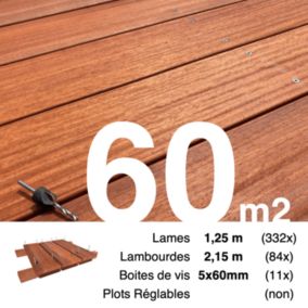 Kit terrasse bois exotique PADOUK pour 60 m², Lames 1,25 m, lambourdes 2,15 m et visserie Inox.