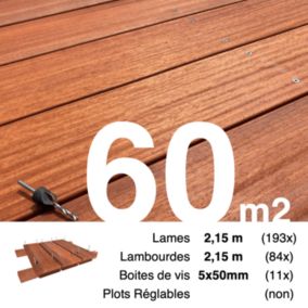 Kit terrasse bois exotique PADOUK pour 60 m², Lames 2,15 m, lambourdes 2,15 m et visserie Inox.