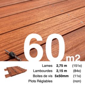 Kit terrasse bois exotique PADOUK pour 60 m², Lames 2,75 m, lambourdes 2,15 m et visserie Inox.