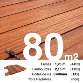 Kit terrasse bois exotique PADOUK pour 80 m², Lames 1,25 m, lambourdes 2,15 m et visserie Inox.