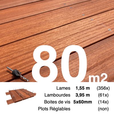 Kit terrasse bois exotique PADOUK pour 80 m², Lames 1,55 m, lambourdes 3,95 m et visserie Inox.