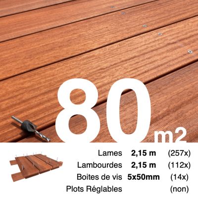 Kit terrasse bois exotique PADOUK pour 80 m², Lames 2,15 m, lambourdes 2,15 m et visserie Inox.