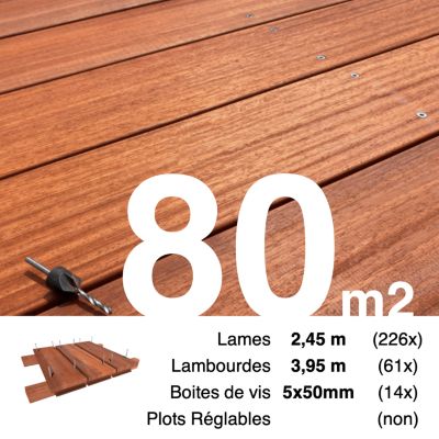 Kit terrasse bois exotique PADOUK pour 80 m², Lames 2,45 m, lambourdes 3,95 m et visserie Inox.