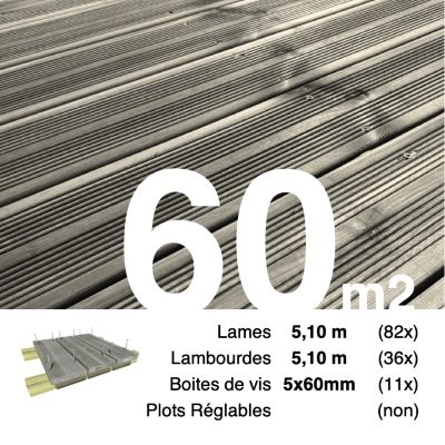 Kit terrasse Pin autoclave Gris pour 60 m², Lames 5,1 m, lambourdes 5,1 ...