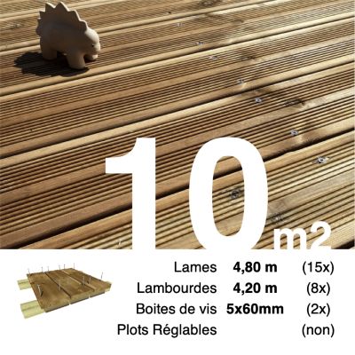 Kit terrasse Pin autoclave Marron pour 10 m², Lames 4,8 m, lambourdes 4,2 m et visserie Inox.