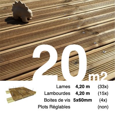 Kit terrasse Pin autoclave Marron pour 20 m², Lames 4,2 m, lambourdes 4,2 m et visserie Inox.