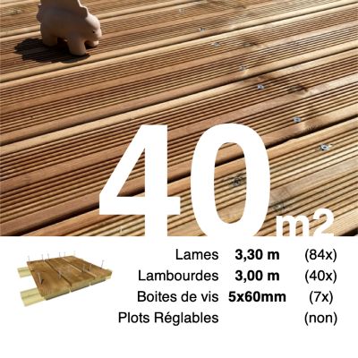 Kit terrasse Pin autoclave Marron pour 40 m², Lames 3,3 m, lambourdes 3 m et visserie Inox.