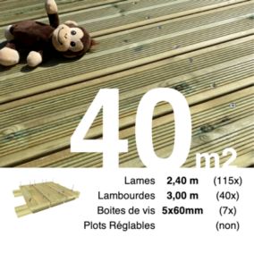 Kit terrasse Pin autoclave Vert pour 40 m², Lames 2,4 m, lambourdes 3 m et visserie Inox.