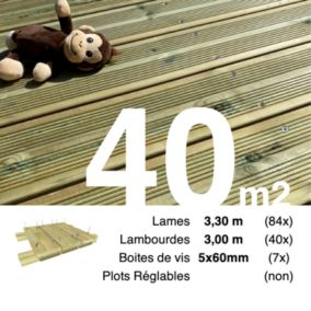Kit terrasse Pin autoclave Vert pour 40 m², Lames 3,3 m, lambourdes 3 m et visserie Inox.