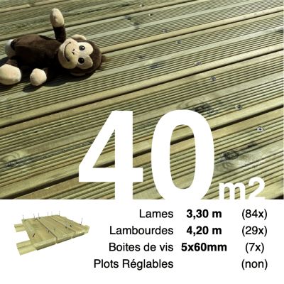 Kit terrasse Pin autoclave Vert pour 40 m², Lames 3,3 m, lambourdes 4,2 m et visserie Inox.