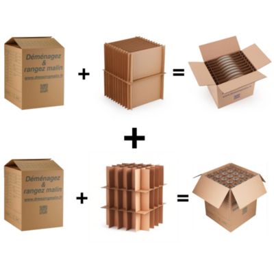 Kit Vaisselle Déménagement - 2 Cartons 114L + Séparateurs - 75 Verres et 24 Assiettes - Anti-Casse