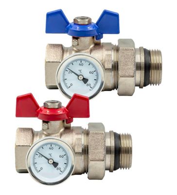 Kit vannes droite robinet a boisseau rouge et bleue laiton chrome avec thermometre MF 26X34