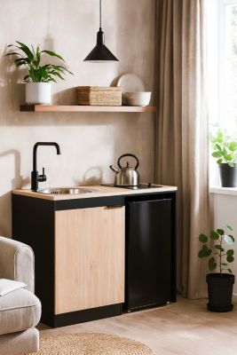 Kitchenette complète vitrocéramique noir et chêne H.94,5 x l.120 cm