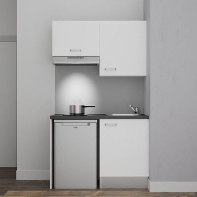 Kitchenette K01 - 120 cm - Façades : Blanc - Plan de travail : Noir texturé - Crédences : Non - Evier Inox