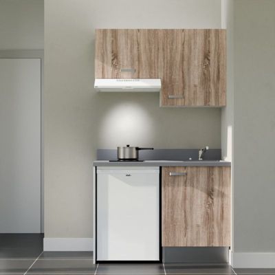 Kitchenette K01 - 120 cm - façades Bois - Plan monobloc en quartz coloris Cromo évier à droite