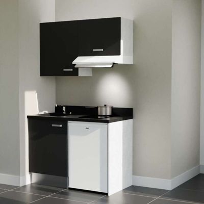 Kitchenette K01 - 120 cm - façades Noir - Plan monobloc en quartz coloris Nero évier à gauche - Electroménager Blanc