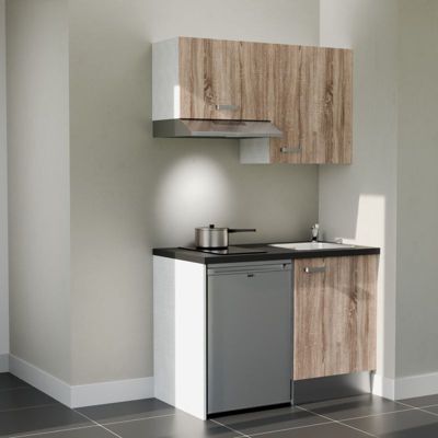 Kitchenette K01 façades Bois - Plan de travail Noir texturé - Crédences : Non - Evier inox - Electroménager Inox inclus