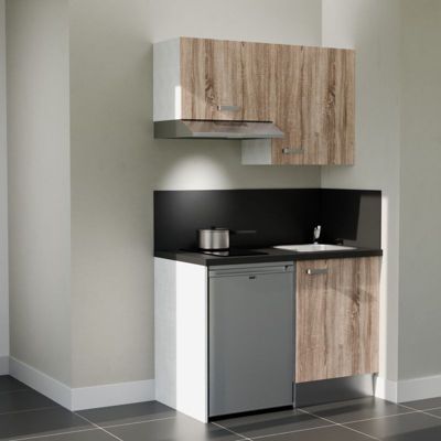Kitchenette K01 façades Bois - Plan de travail Noir texturé - Crédences : Oui - Evier inox - Electroménager Inox inclus