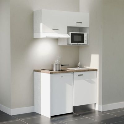 Kitchenette K02 - 120 cm - Façades : Blanc - Plan de travail : Bois - Crédences : Non - Evier Inox