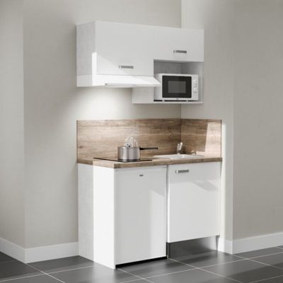 Kitchenette K02 - 120 cm - Façades : Blanc - Plan de travail : Bois - Crédences : Oui - Evier Inox