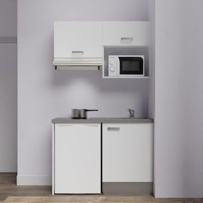 Kitchenette K02 - 120 cm - Façades : Blanc - Plan de travail : Gris béton - Crédences : Non - Evier Gris