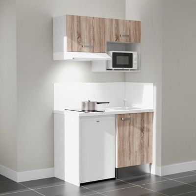 Kitchenette K02 - 120 cm - Façades : Bois - Plan de travail : Blanc - Crédences : Oui - Evier Inox
