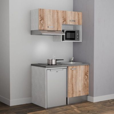 Kitchenette K02 - 120 cm - Façades : Bois - Plan de travail : Gris béton - Crédences : Non - Evier Inox
