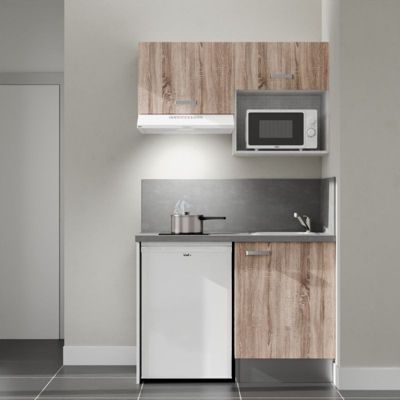 Kitchenette K02 - 120 cm - Façades : Bois - Plan de travail : Gris béton - Crédences : Oui - Evier Inox