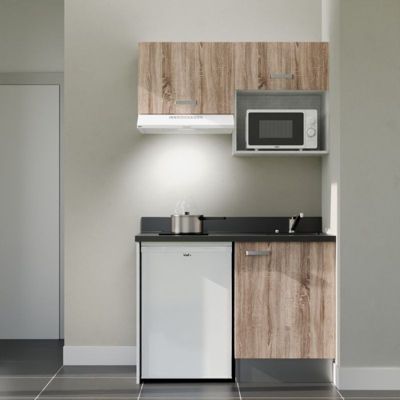 Kitchenette K02 - 120 cm - façades Bois - Plan monobloc en quartz coloris Nero évier à droite
