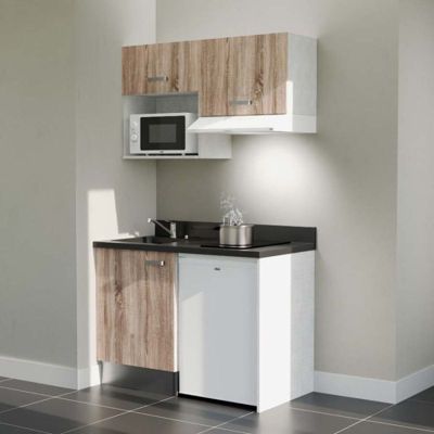 Kitchenette K02 - 120 cm - façades Bois - Plan monobloc en quartz coloris Nero évier à gauche