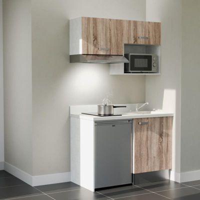 Kitchenette K02 - 120 cm - façades Bois - Plan monobloc en quartz coloris Snova évier à droite - Electroménager Inox