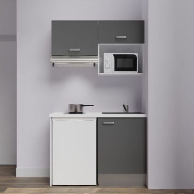 Kitchenette K02 - 120 cm - Façades : Gris - Plan de travail : Blanc - Crédences : Non - Evier Noir