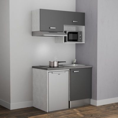 Kitchenette K02 - 120 cm - Façades : Gris - Plan de travail : Gris béton - Crédences : Non - Evier Inox