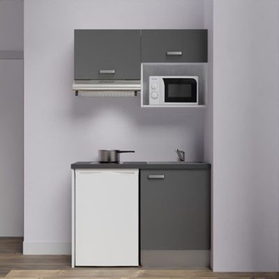 Kitchenette K02 - 120 cm - Façades : Gris - Plan de travail : Noir texturé - Crédences : Non - Evier Gris