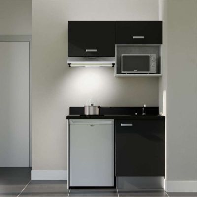 Kitchenette K02 - 120 cm - façades Noir - Plan monobloc en quartz coloris Nero évier à droite - Electroménager Inox