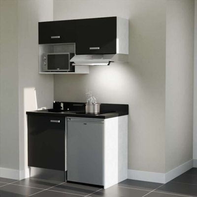Kitchenette K02 - 120 cm - façades Noir - Plan monobloc en quartz coloris Nero évier à gauche
