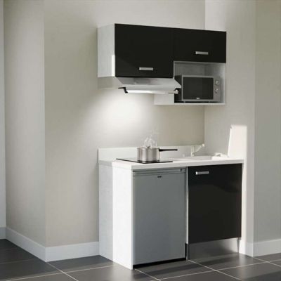 Kitchenette K02 - 120 cm - façades Noir - Plan monobloc en quartz coloris Snova évier à droite