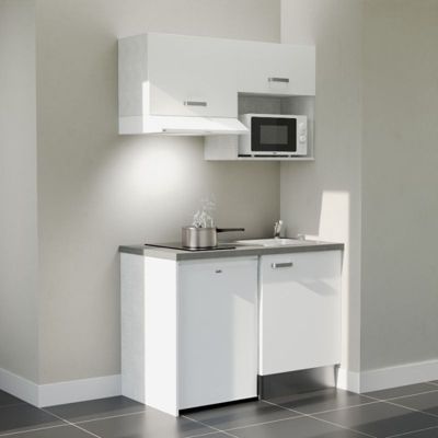 Kitchenette K02 façades Blanc - Plan de travail Gris béton - Crédences : Non - Evier inox - Electroménager Blanc inclus