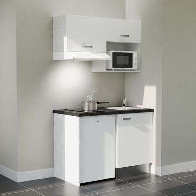 Kitchenette K02 façades Blanc - Plan de travail Noir texturé - Crédences : Non - Evier inox - Electroménager Blanc inclus
