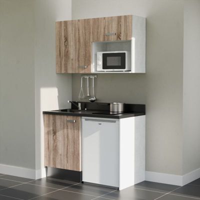 Kitchenette K07 - 120 cm - façades Bois - Plan monobloc en quartz coloris Nero évier à gauche