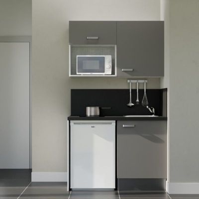 Kitchenette K07 - 120 cm - Façades : Gris - Plan de travail : Noir texturé - Crédences : Oui - Evier Inox