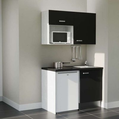 Kitchenette K07 - 120 cm - Façades : Noir - Plan de travail : Noir texturé - Crédences : Non - Evier Inox