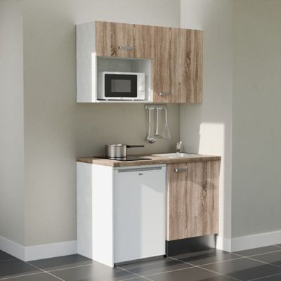 Kitchenette K07 façades Bois - Plan de travail Bois - Crédences : Non - Evier inox - Electroménager Blanc inclus